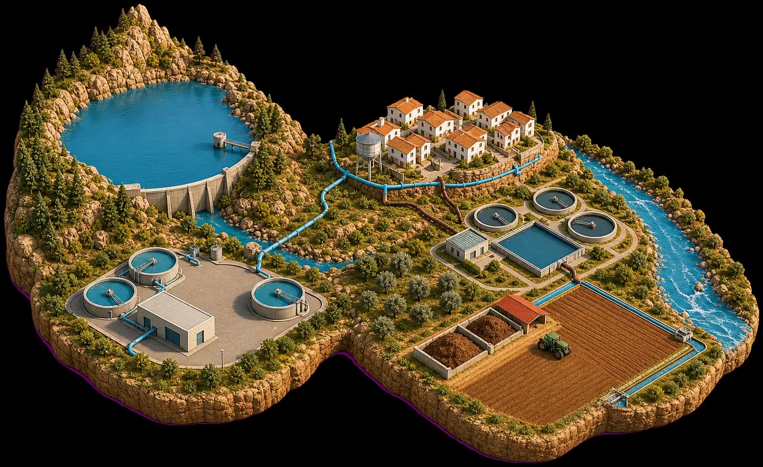 Ilustración isométrica del ciclo integral del agua en Córdoba